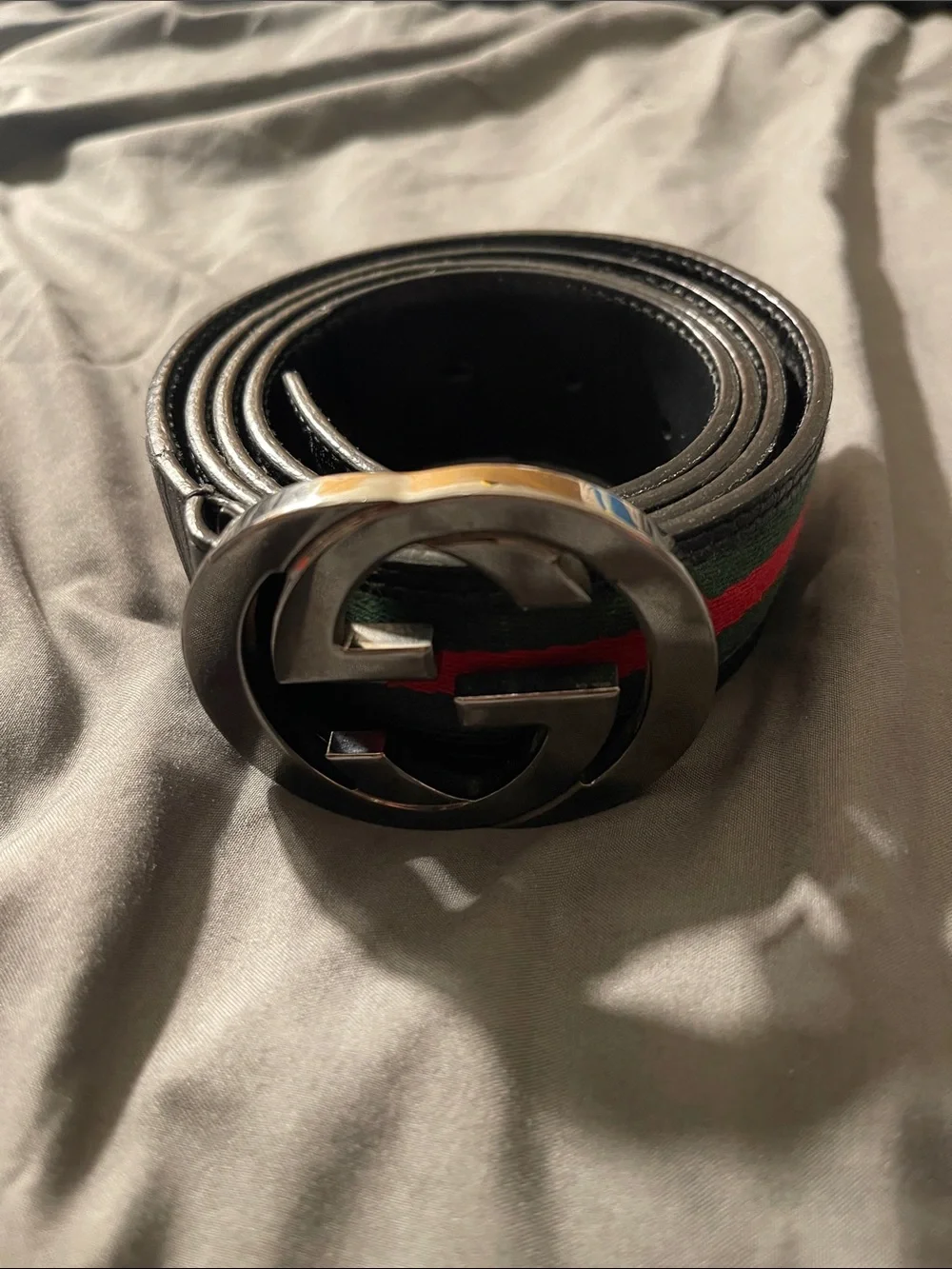 Gucci Black Leather Belt with Green and Red Web and Gunmetal GG Buckle